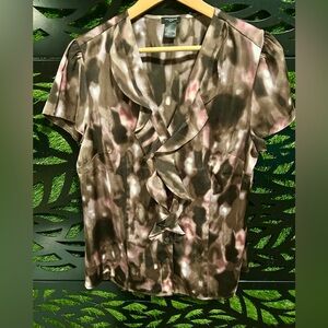 Ann Taylor Ruffled Short Sleeve Blouse - Brown and Pink, Women's size 14
